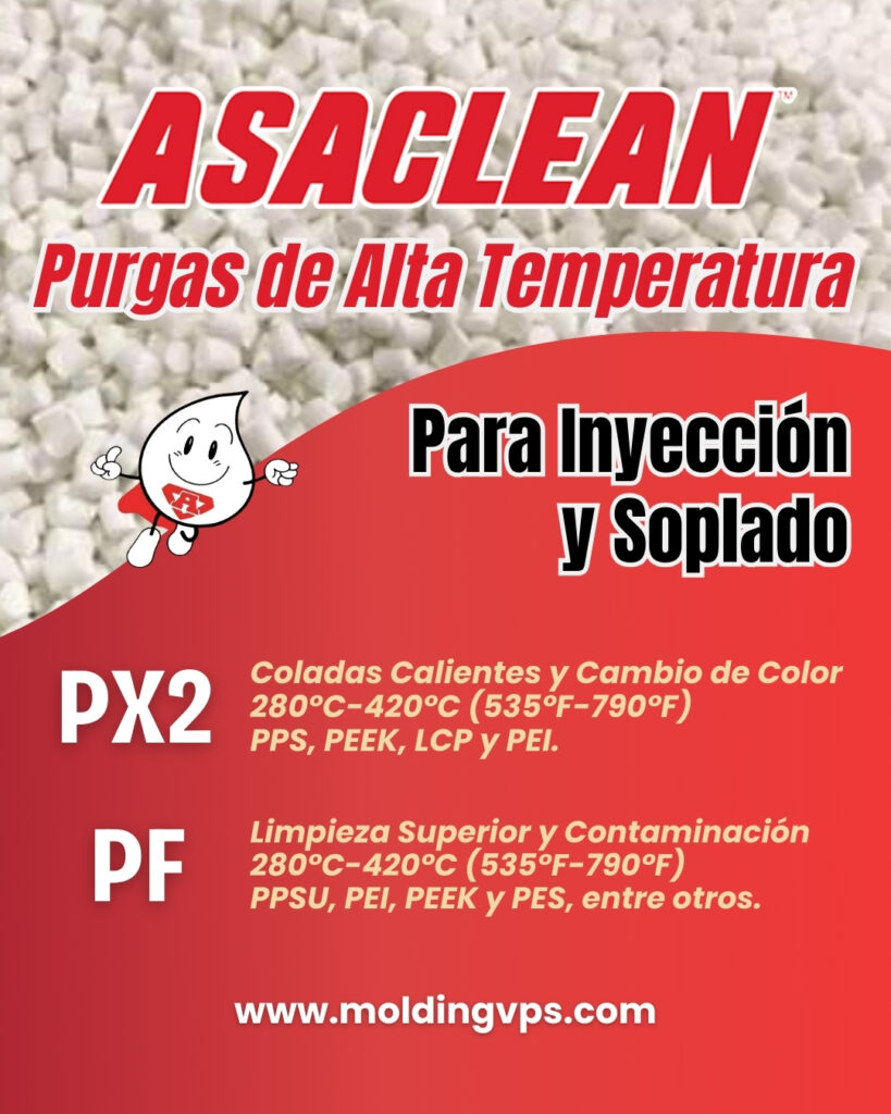 ASACLEAN
Purga Mecánica y Química
Altas y Bajas Temperaturas
Empresa de clase mundial, con más de 20 años de experiencia en el procesamiento de nuestros productos, con una amplia gama de soluciones para la Industria del Plástico. Compuestos de purga introducidos desde 1990 y distribuidos en más de 70 países. 